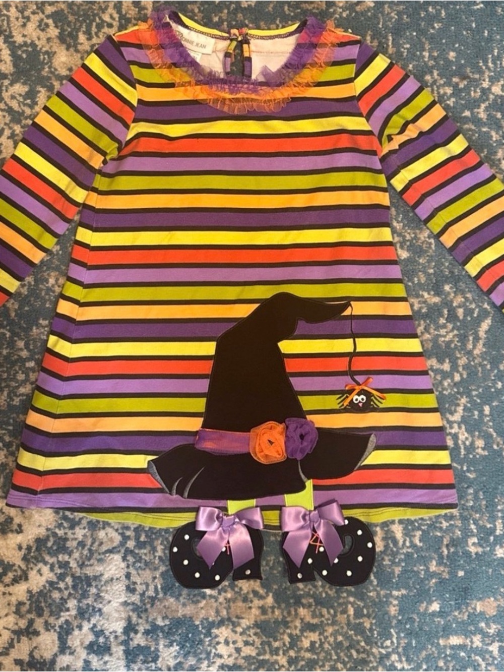 Halloween Bonnie Jean Purple, Yellow & Orange Striped Witch Dress